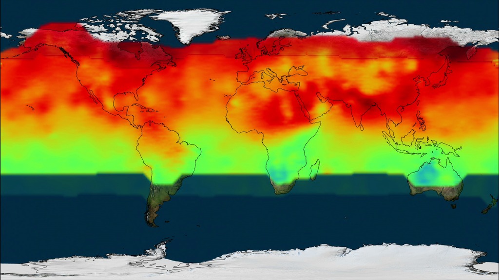 LEAD: NASA's first satellite to measure carbon dioxide in the earth's atmosphere is yielding a new global view of our breathing planet. 1: CO2 levels in the atmosphere decrease (shown from red to blue) during the summer growing season as plants take in carbon dioxide from the atmosphere through photosynthesis. 2: Satellite measured plant life during the growing season. As the 'greening' moves northward the CO2 levels drop from red to blue.3. In the fall and winter CO2 levels go back up as plants stop growing and stop absorbing CO2 from the atmosphere. 