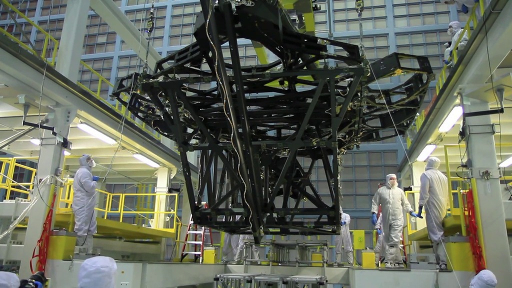 Produced video showing engineers in the NASA Goddard Space Flight Center cleanroom lifting the Webb Telescope telescope structure into the assembly stand in preparation for installation of the primary mirror segments.