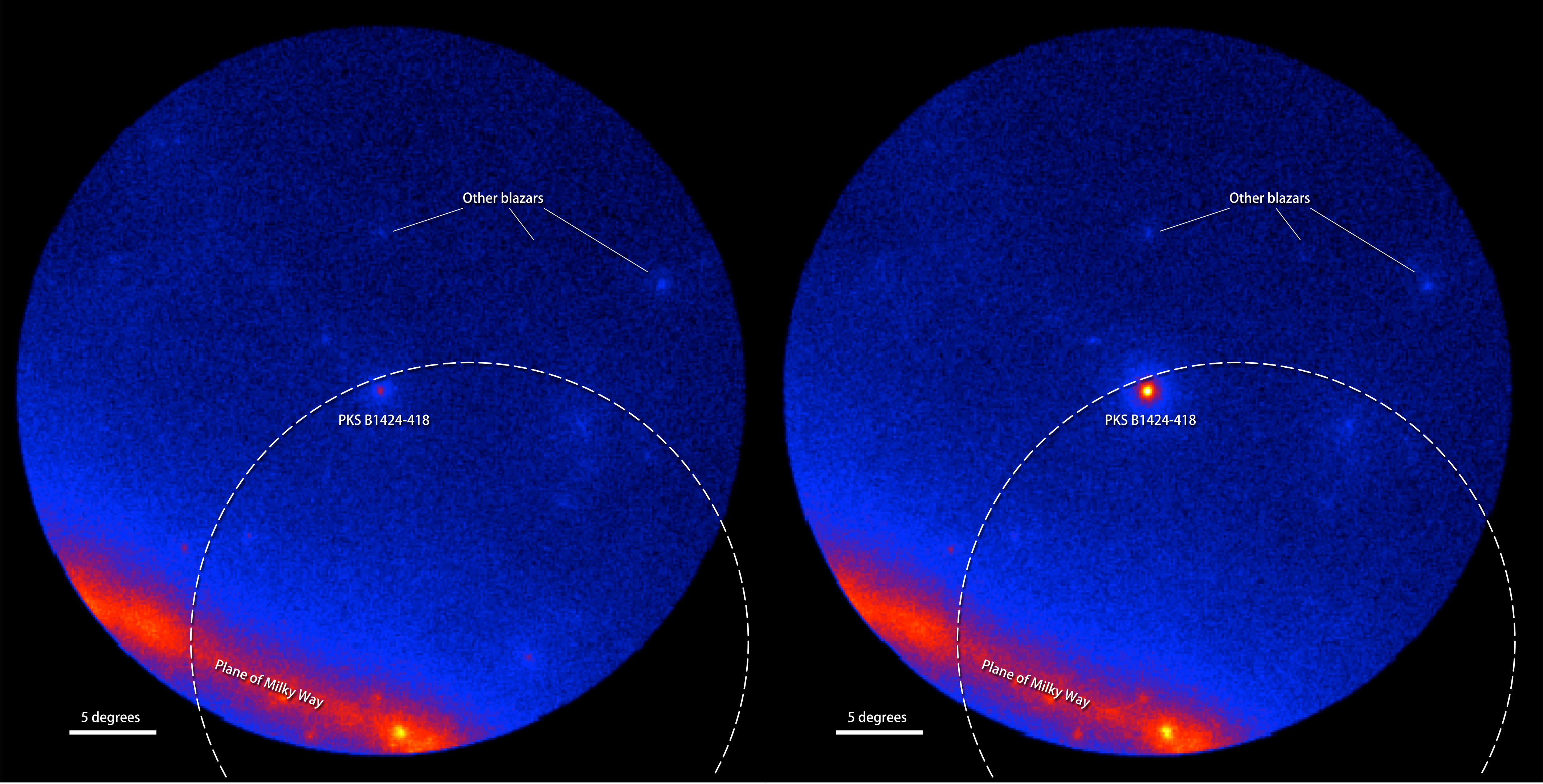 Labeled version. Fermi LAT images showing the gamma-ray sky around the blazar PKS B1424-418. Brighter colors indicate greater numbers of gamma rays. The dashed arc marks part of the source region established by IceCube for the Big Bird neutrino (50-percent confidence level). Left: An average of LAT data centered on July 8, 2011, and covering 300 days when the blazar was inactive. Right: An average of 300 active days centered on Feb. 27, 2013, when PKS B1424-418 was the brightest blazar in this part of the sky. Credit: NASA/DOE/LAT Collaboration