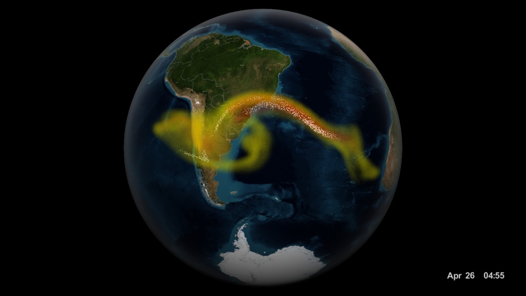 Visualization of results from a supercomputer model of ash and sulfur dioxide spreading from an eruption of the Calbuco volcano in April 2015.  The supercomputer combines the physics and chemistry of the atmosphere with data from the NASA/NOAA/DoD Suomi NPP satellite to model the full three-dimensional structure of the volcanic cloud.