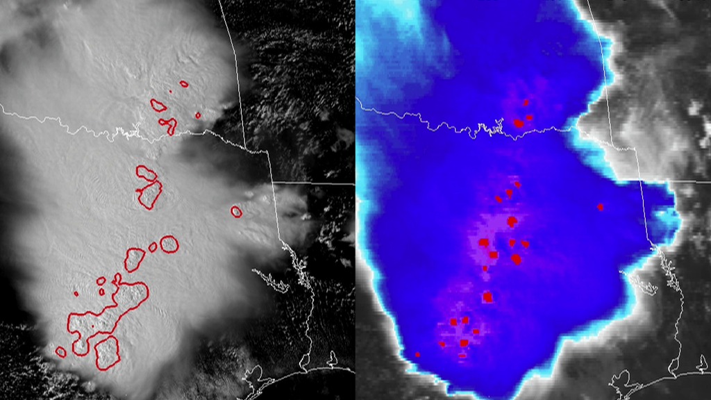 LEAD: NASA Scientists and engineers at Langley Research center have developed quick methods of detecting severe thunderstorms from satellite measurements.1. These storms often have a signature cauliflower shape- the overshooting top- that indicates powerful updrafts associated with generating hazardous weather such as damaging winds, hail, or tornadoes.2. This example shows NASA forecast computer quickly detecting the 'overshooting tops' by measuring reflected sunlight and cloud top temperatures. This information will be especially useful for aircraft pilots over oceans and forecasters in developing countries where there are no Doppler radar systems.TAG: The new weather satellite, GOES-R, to be launched by NASA, in October 2016 will help forecasters utilized this method to deliver more accurate severe weather forecasts. This method was designed for GOES-R but it can operate on any satellite measurement across the globe.