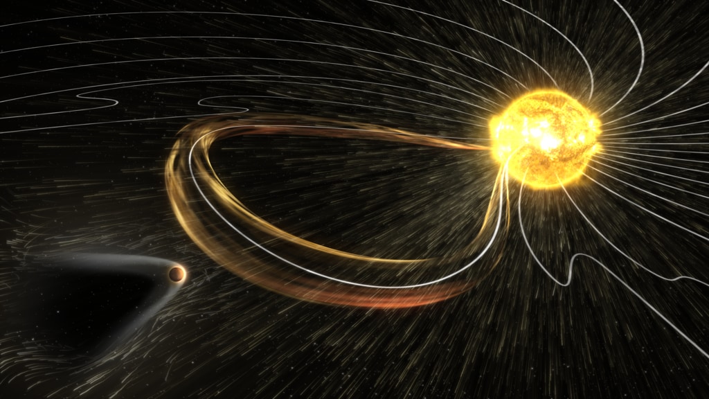 Mars' magnetic tail is shaped and twisted by the solar wind.