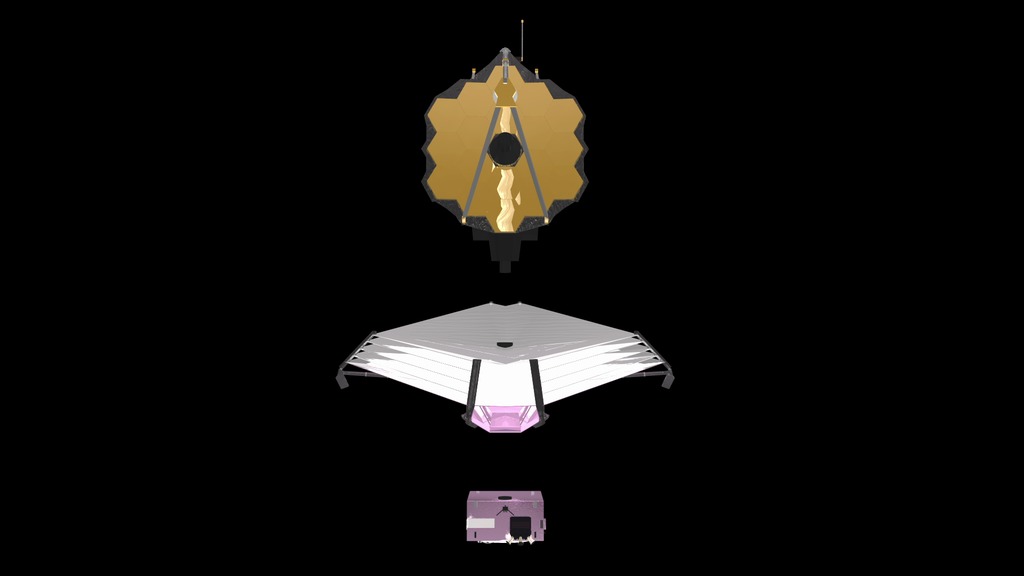Animation (with alpha channel) of the three main segments of the James Webb Space Telescope with quick in and out to show cutaway for Webb's instruments.  