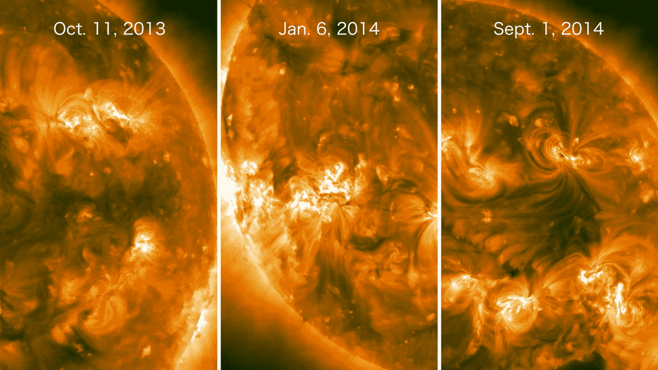 These solar flares were imaged in extreme ultraviolet light by NASA's STEREO satellites, which at the time were viewing the side of the sun facing away from Earth. All three events launched fast coronal mass ejections (CMEs). Although NASA's Fermi Gamma-ray Space Telescope couldn't see the eruptions directly, it detected high-energy gamma rays from all of them. Scientists think particles accelerated by the CMEs rained onto the Earth-facing side of the sun and produced the gamma rays. The central image was returned by the STEREO A spacecraft, all others are from STEREO B.  Credit: NASA/STEREO