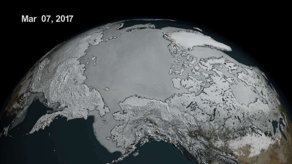 A combination of warmer-than-average temperatures, winds unfavorable to ice expansion, and a series of storms halted Arctic sea ice growth. 