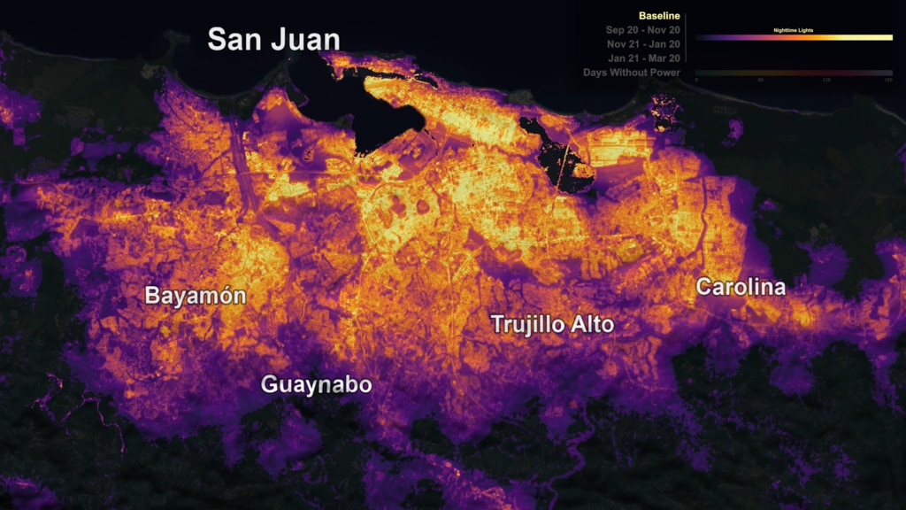 Scientist Miguel Román and colleagues combined NASA's Black Marble night lights data product from the NASA/NOAA Suomi National Polar-orbiting Partnership with data from USGS-NASA Landsat satellites and other sources to produce a neighborhood-scale map of energy use in communities across Puerto Rico as electricity was restored after Hurricane Maria in 2017.Complete transcript available.Watch this video on the NASA Goddard YouTube channel.