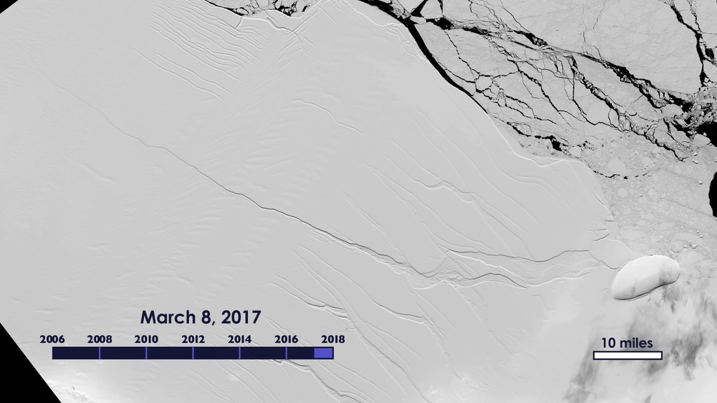 NASA/USGS Landsat satellites captured the growth of the crack in the Larsen C ice shelf from 2006 to 2017.Credit: NASA/USGS Landsat
