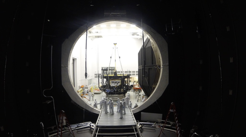 A time-lapse of engineers at NASA's Johnson Space Center in Houston Texas, rolling the James Webb Space Telescope into Chamber A for future cryogenic testing.