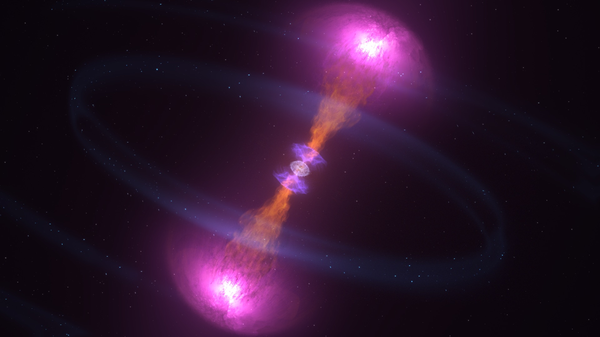 This animation captures phenomena observed over the course of nine days following the neutron star merger known as GW170817, detected on Aug. 17, 2017. They include gravitational waves (pale arcs), a near-light-speed jet that produced gamma rays (magenta), expanding debris from a kilonova that produced ultraviolet (violet), optical and infrared (blue-white to red) emission, and, once the jet directed toward us expanded into our view from Earth, X-rays (blue). Credit: NASA's Goddard Space Flight Center/CI LabMusic: "Exploding Skies" from Killer TracksWatch this video on the NASA Goddard YouTube channel.Complete transcript available.