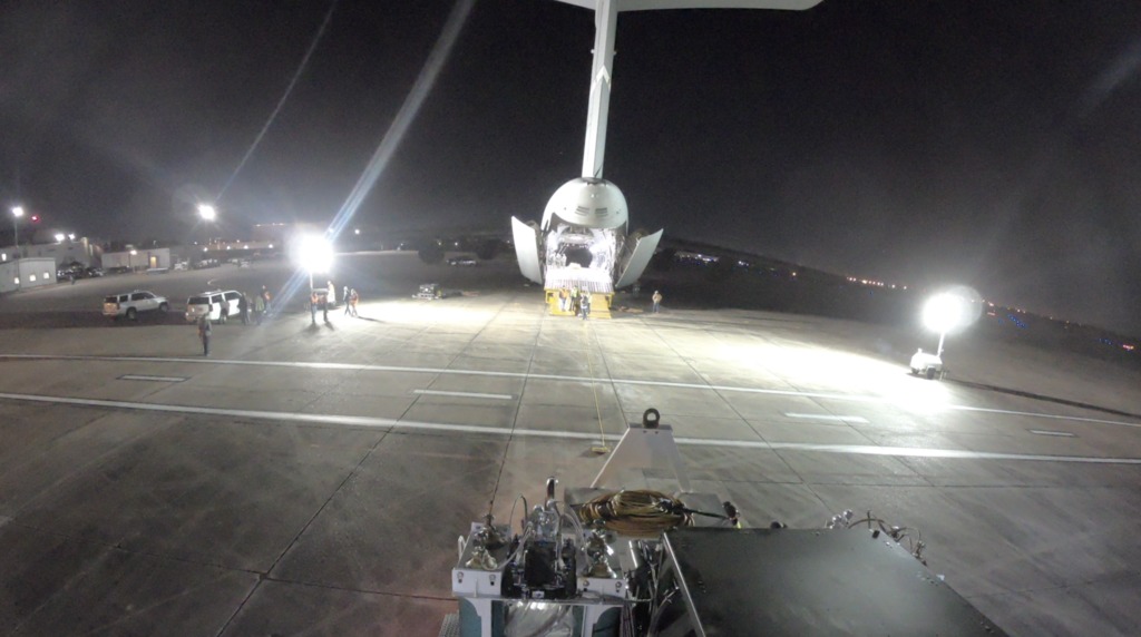 Time-lapse footage of engineers loading the STTARS Container onto the C5 Super Galaxy Transport Aircraft at Ellington Field Joint Reserve Base in Houston Texas.  