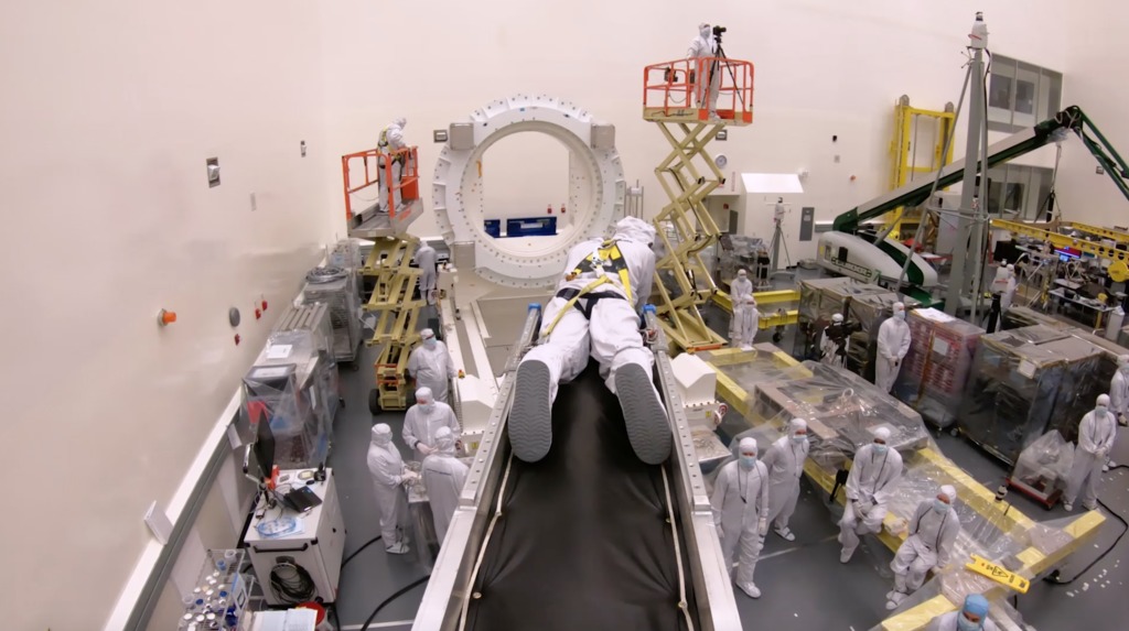 GoPro b-roll footage of an engineers working on unloading an unwrapping the Webb Telescope from the Space Telescope Transport Air Rail and Sea (STTARS) container in Northrop Grumman's M8 cleanroom in Los Angeles California.     