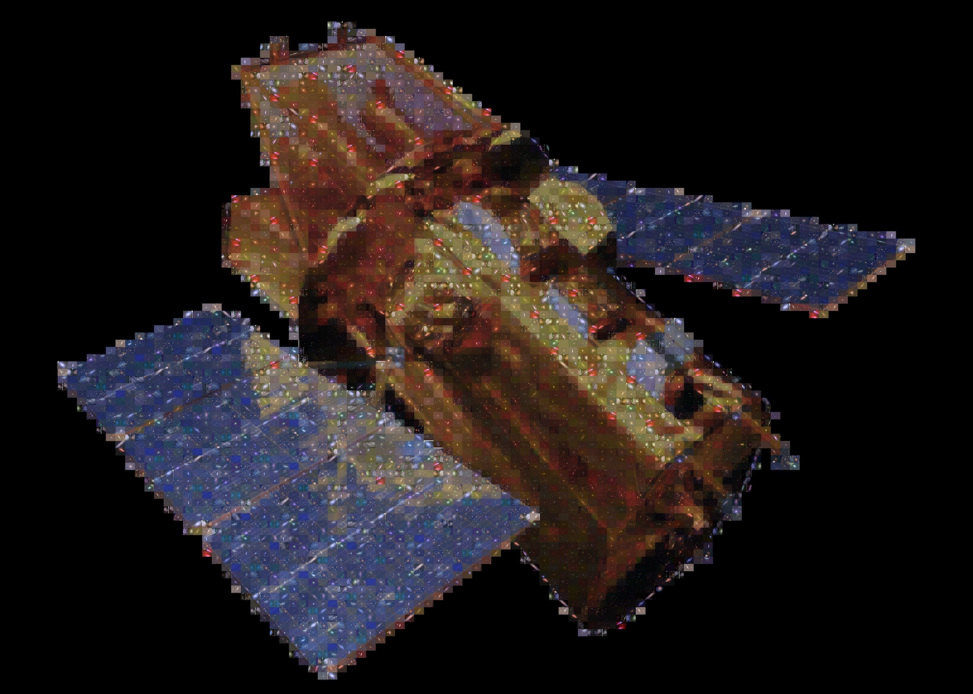 This mosaic of the Neil Gehrels Swift Observatory is created from images of astronomical objects captured by the satellite’s Ultraviolet/Optical Telescope which recently captured its millionth image. Each tile is 52 x 39 pixels, and at maximum resolution, the entire mosaic is 5,252 x 3,744 pixels. Zoom in to see each tile more clearly. Credit: NASA/Swift and AndreaMosaic