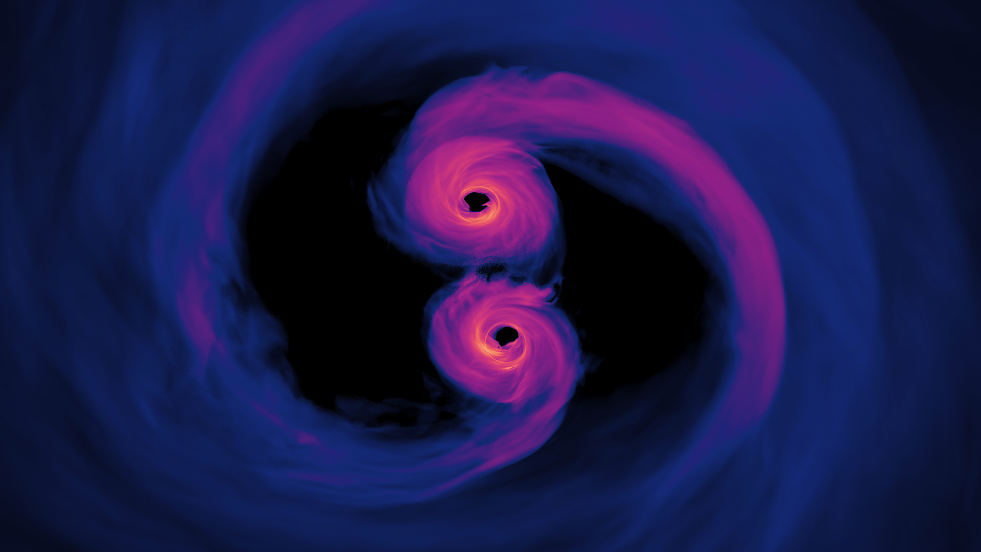 Gas glows brightly in this computer simulation of supermassive black holes only 40 orbits from merging. Models like this may eventually help scientists pinpoint real examples of these powerful binary systems. Credit: NASA's Goddard Space Flight Center/Scott Noble; simulation data, d'Ascoli et al. 2018Music: "Games Show Sphere 01" from Killer TracksWatch this video on the NASA Goddard YouTube channel.Complete transcript available.