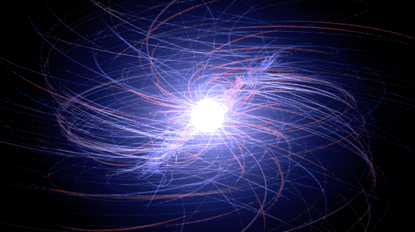 Electrons (blue) and positrons (red) from a computer-simulated pulsar. These particles become accelerated to extreme energies in a pulsar's powerful magnetic and electric fields; lighter tracks show particles with higher energies. Each particle seen here actually represents trillions of electrons or positrons. Better knowledge of the particle environment around neutron stars will help astronomers understand how they behave like cosmic lighthouses, producing precisely timed radio and gamma-ray pulses.Credit: NASA's Goddard Space Flight Center
