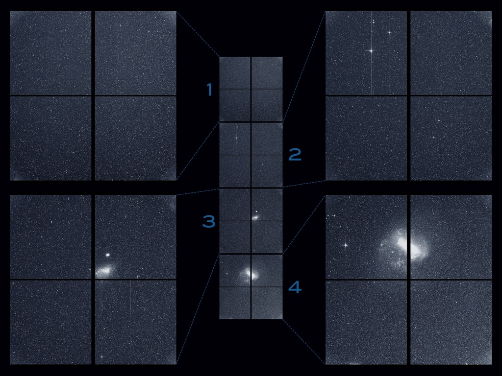 The Transiting Exoplanet Survey Satellite (TESS) captured this strip of stars and galaxies in the southern sky during one 30-minute period on Tuesday, Aug. 7. Created by combining the view from all four of its cameras, this is TESS’ “first light,” from the first observing sector that will be used for identifying planets around other stars. Notable features in this swath of the southern sky include the Large and Small Magellanic Clouds and a globular cluster called NGC 104, also known as 47 Tucanae. The brightest stars in the image, Beta Gruis and R Doradus, saturated an entire column of camera detector pixels on the satellite’s second and fourth cameras.  No object labels.Credit: NASA/MIT/TESS