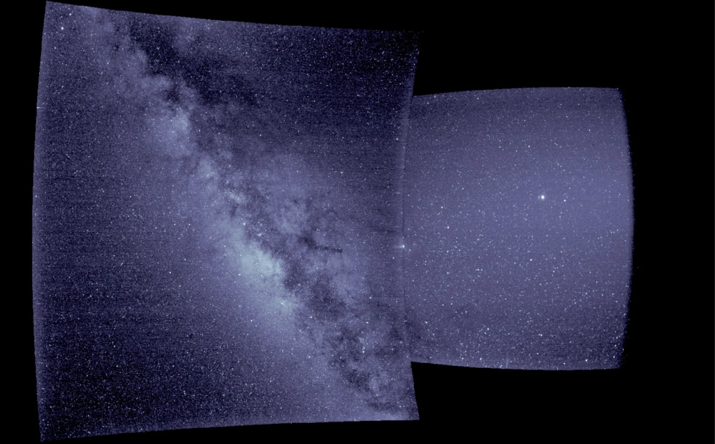 First light data from Parker Solar Probe's WISPR (Wide-field Imager for Solar Probe) instrument suite. The right side of this image — from WISPR's inner telescope — has a 40-degree field of view, with its right edge 58.5 degrees from the Sun's center. The bright object slightly to the right of the image's center is Jupiter. The left side of the image is from WISPR’s outer telescope, which has a 58-degree field of view and extends to about 160 degrees from the Sun. It shows the Milky Way, looking at the galactic center. There is a parallax of about 13 degrees in the apparent position of the Sun as viewed from Earth and from Parker Solar Probe.Credit: NASA/Naval Research Laboratory/Parker Solar Probe 