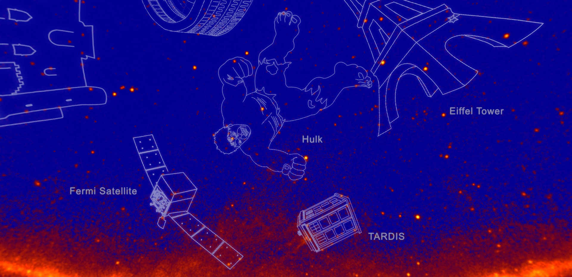 A still showing the part of the sky with the Hulk, Fermi Satellite and TARDIS gamma-ray constellations.Credit: NASA