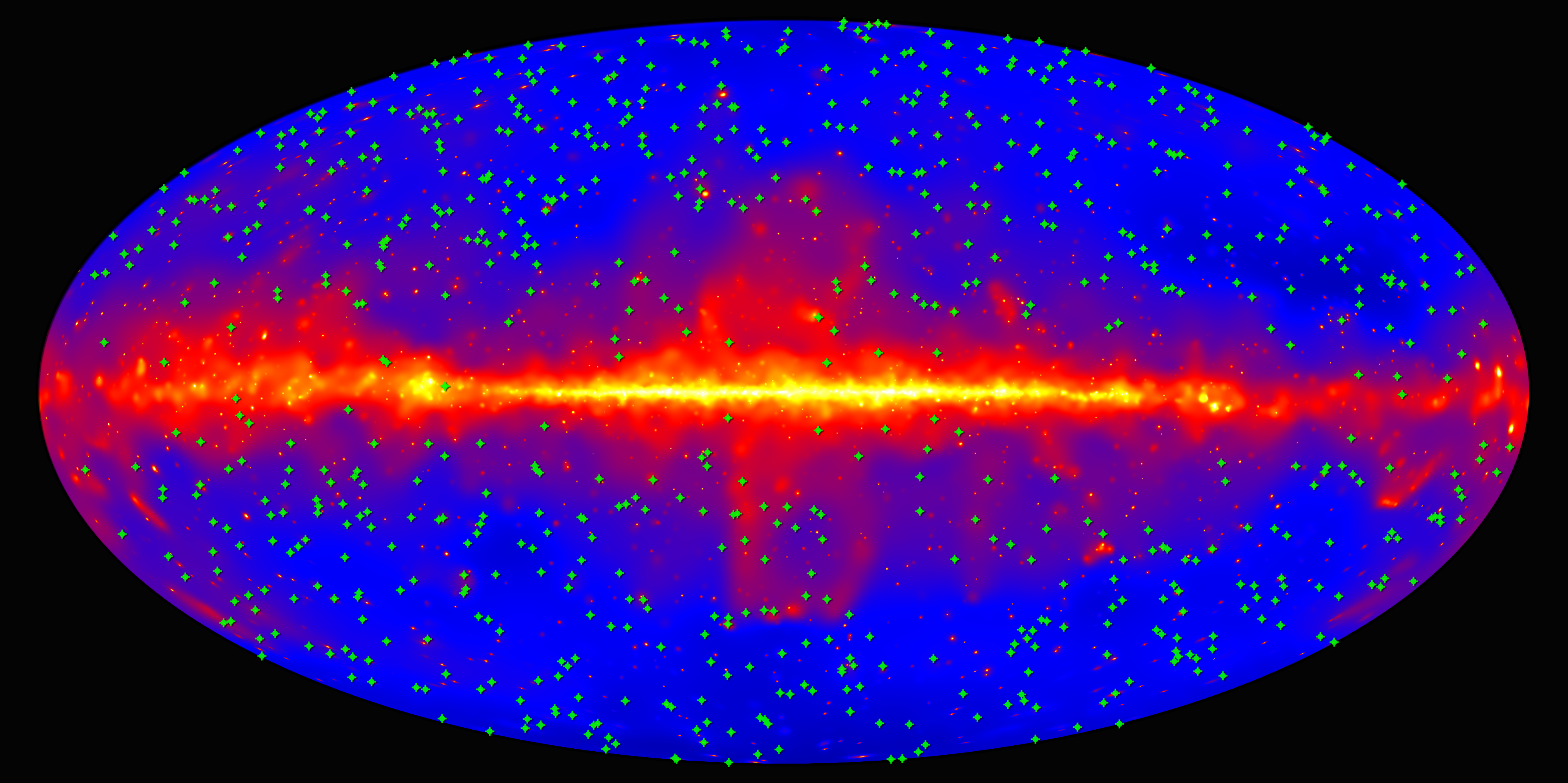 This map of the entire sky shows the location of 739 blazars used in the Fermi Gamma-ray Space Telescope’s measurement of the extragalactic background light. The background shows the sky as it appears in gamma rays with energies above 10 billion electron volts, constructed from nine years of observations by Fermi’s Large Area Telescope. The plane of our Milky Way galaxy runs along the middle of the plot.
Credit: NASA/DOE/Fermi LAT Collaboration

