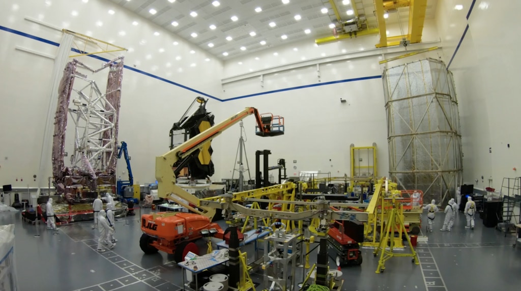 A time-lapse of engineers at Northrop Grumman in Los Angeles California, covering the James Webb Space Telescope's Spacecraft Element with a tent cover before it was moved to the acoustic testing facility for testing.