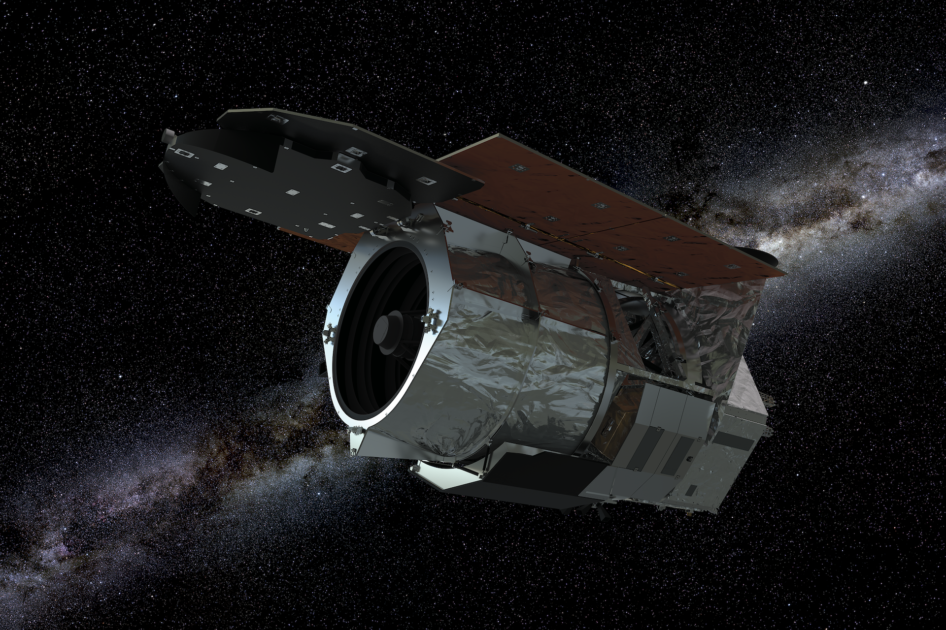 High-resolution still image render of the WFIRST spacecraft against star background. RGB color.