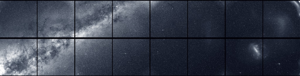 Sector 12.TESS observed this strip of stars and galaxies in the southern sky from May 21, 2019, to June 19, 2019. TESS captured this individual image during one 30-minute period on 2019-06-12 at 15:29:31 UTC. The Large Magellanic Cloud appears on the right-hand side, and the plane of the Milky Way appears on the left.