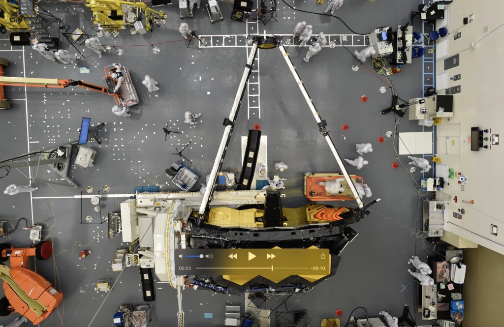 Overhead view time-Lapse of the Webb Telescope's Secondary Mirror being deployed.