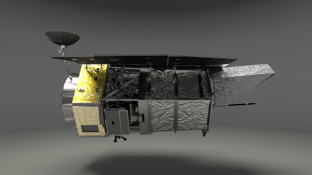 Animated 3D model of the Roman Space Telescope spacecraft rotated through 360 degrees in a neutral gray environment.Credit: NASA's Goddard Space Flight Center/CI Lab