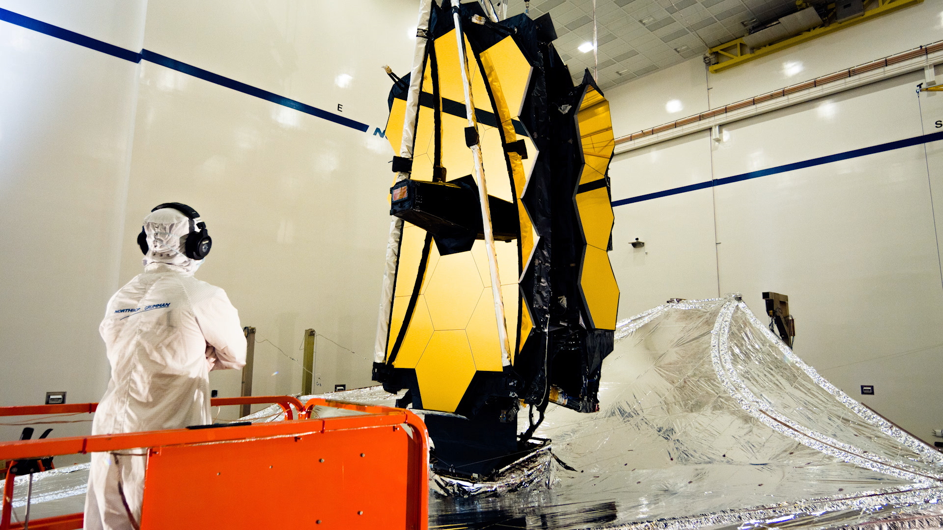 The Webb Telescope's sunshield is deployed and tensioned in the Northrop Grumman cleanroom.  Social media release without text graphics.  MUSIC:  Killer Tracks: UPM_FLEX112_1_Endurance_Instrumental_Blythe_Joustra_1063839