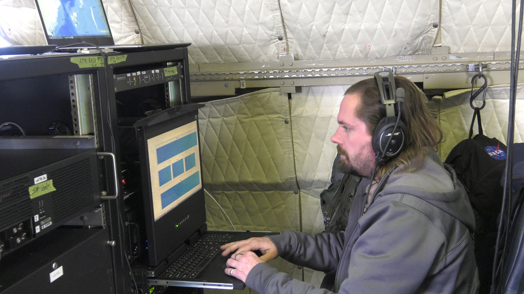  Crewmember monitoring ATM instrument radar during the Arctic 2017 campaign. NOTE: The audio on this clip varies widely and includes loud aircraft noise. We advise turning down/off sound when previewing this item.