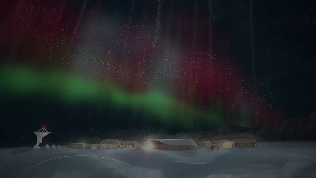 A conceptual animation showing electrons traveling down Earth's magnetic field lines, colliding into oxygen atoms in Earth's atmosphere and causing oxygen molecules to escape and release red light causing the cusp aurora. 