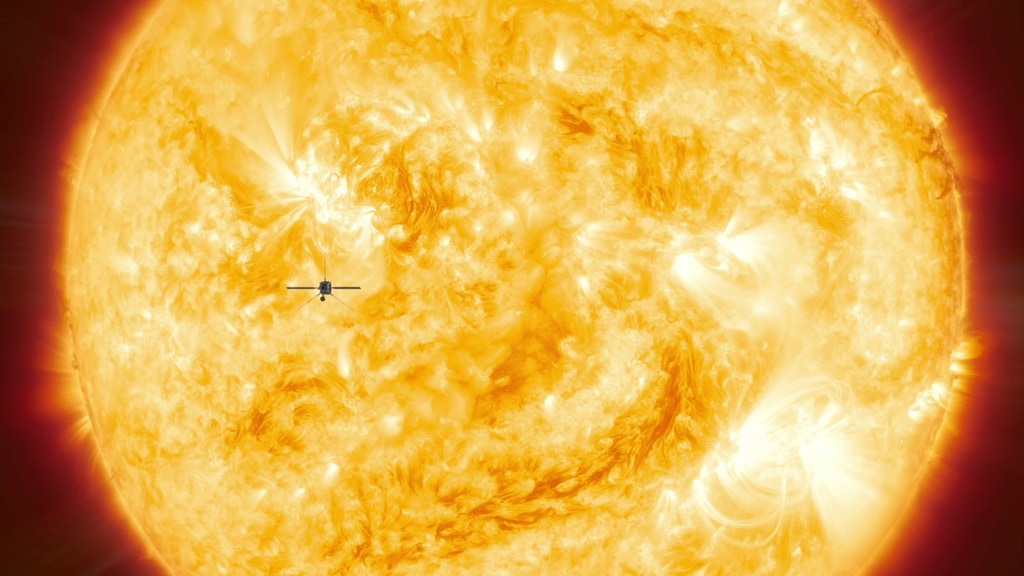 During its closest approaches of the Sun, Solar Orbiter will travel fast enough to study how magnetically active regions evolve for up to four weeks at a time. Solar Orbiter will return the first images and measurements of the Sun’s polar magnetic field, helping scientists relate the poles to the solar activity cycle.Credit: ESA/ATG Medialab