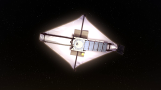 Animation of the Webb Telescope showing hot, sun-facing side and transitioning to the super cold, shadow side.
