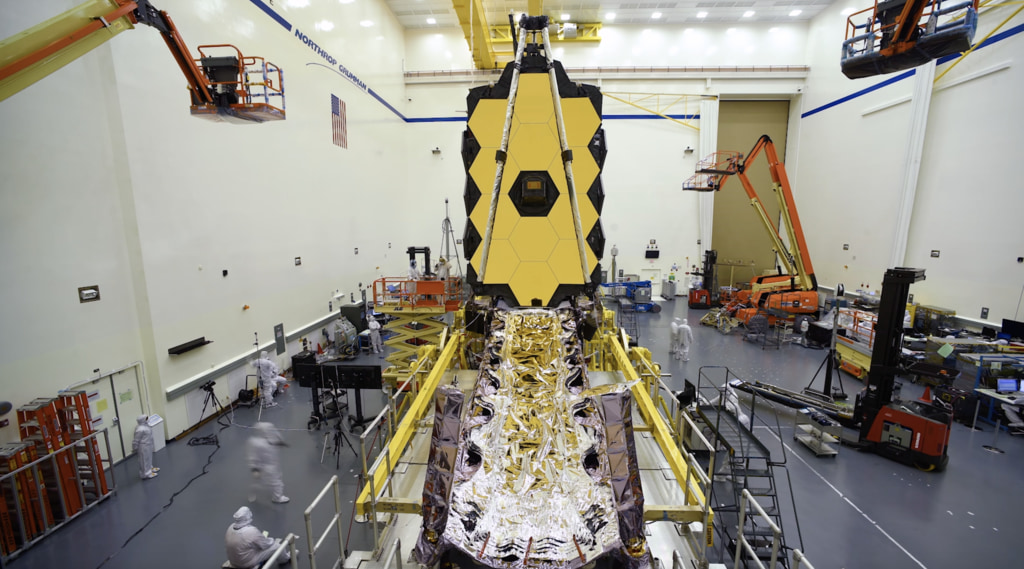Time-lapse footage of engineers stowing the -J2 wing of the James Webb Space Telescope at Northrop Grumman in Redondo Beach, CA.  