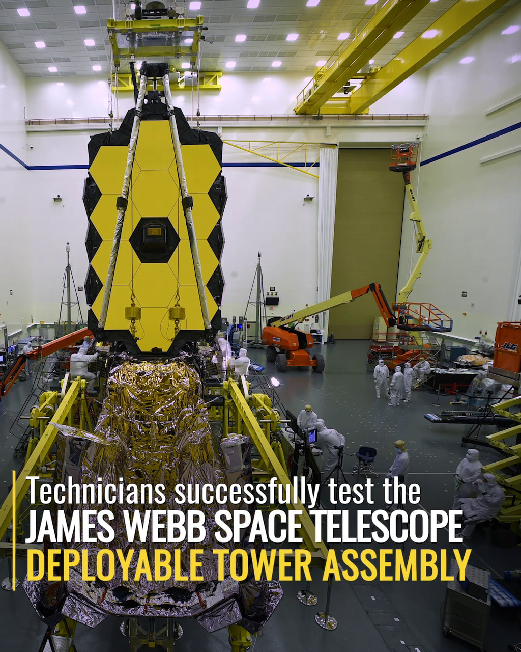 IG Story Part 1:  Technicians test the James Webb Space Telescope's Deployable Tower Assembly in the cleanroom.  Instagram Video release version.Music credit: Universal Production Music: Timelapse Clouds by Blythe Joustra