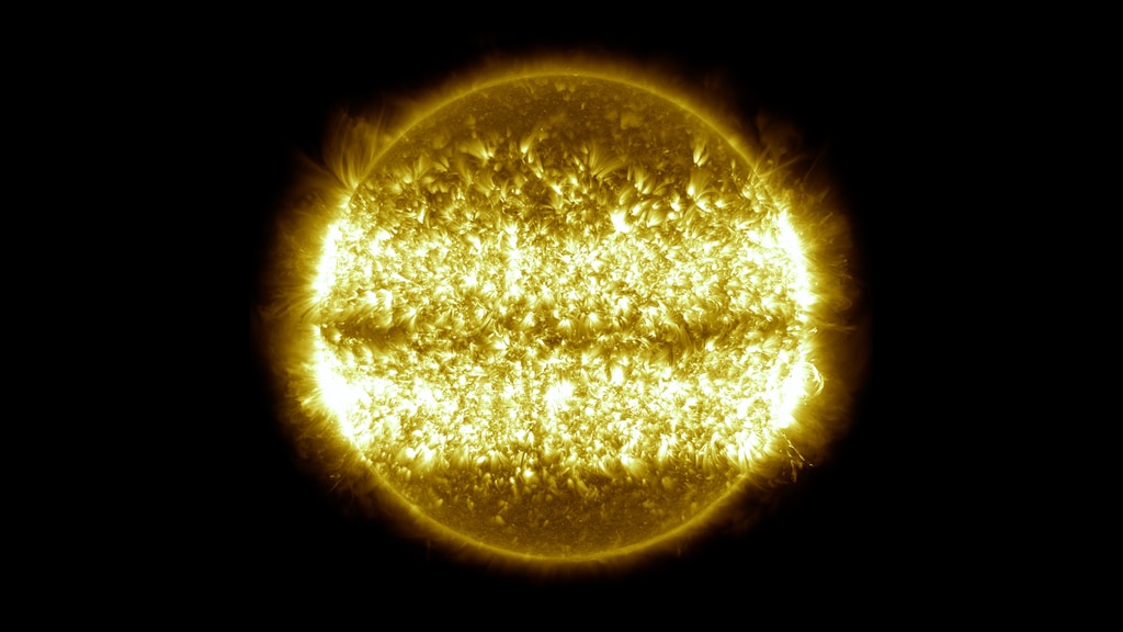 This composite image is made from 151 individual SDO frames.  They span the full ten-year run of the time lapse and a few notable events are hidden within it.