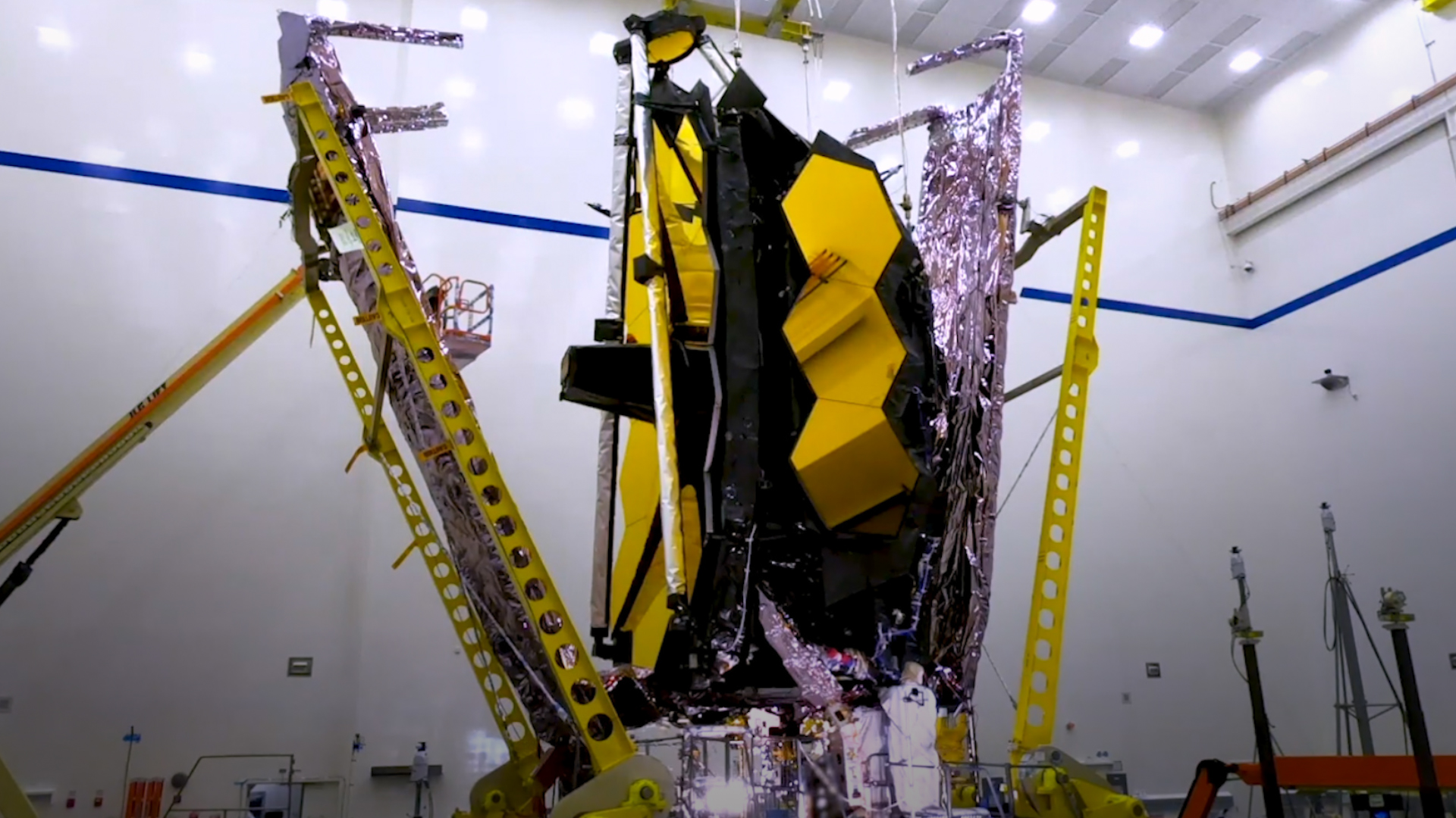 NASA’s James Webb Space Telescope is folded and ready for its final suite of testing.  No text version