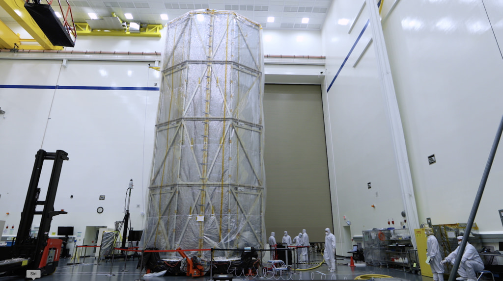 B-roll footage of engineers moving the James Webb Space Telescope from the M8 cleanroom to the M8 airlock before moving the telescope to the testing area at Northrop Grumman in Redondo Beach, CA.  