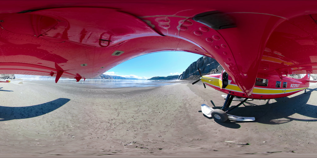This version of the video includes much more footage over the glaciers above Icy Bay, as well as some footage taken from the cockpit. Later in the video some noticable wobbling or, "jello" is seen in the video. This was apparently caused by increased winds at higher elevations above the bay which caused more shaking in the camera, which was mounted to the wing strut of the aircraft. Some of this we were able to eliminate, and more expert 360 editors may well be able to improve on the image even more. 