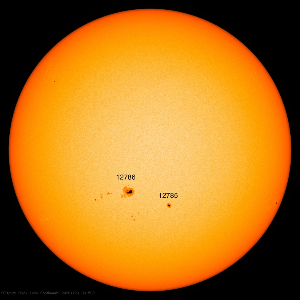 5The visible surface of the Sun as measured with an HMI visible light image from November 29, 2020. Active regions 12785 and 12786, where the flares occurred, are labeled in the southern hemisphere of the Sun. These active regions contain the sunspots.Courtesy of NASA, SDO, and the SDO Science Teams.