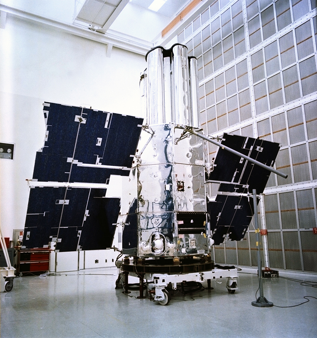 Orbiting Astronomical Observatory C stands in the Hangar AE clean room at the Cape Canaveral Air Force Station, Florida, following the mounting of its stationary solar panels. Once in orbit, the observatory was named Copernicus in honor of Nicolaus Copernicus (1473&ndash;1543), the Polish astronomer regarded as the founder of modern astronomy. Credit: National Archives (255-CB-72-H-873)