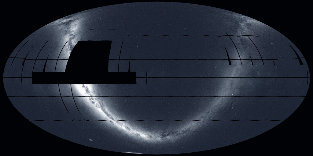 This all-sky mosaic was constructed from 912 TESS images. By late October 2022, when the last image of this mosaic was captured, TESS had discovered 266 exoplanets and 4,258 candidates. The north and south ecliptic poles &ndash; the ends of imaginary lines extending above and below the center of Earth's orbit around the Sun &ndash; lie at the top and bottom of the image. The Andromeda galaxy is the small, bright oval near the upper right edge. The Lage Magellanic Cloud can be seen along the bottom edge just left of center. Above and to the left of it shine the Small Magellanic Cloud and the bright star cluster 47 Tucanae. Molleweide projection. Credit: NASA/MIT/TESS and Ethan Kruse (University of Maryland College Park)