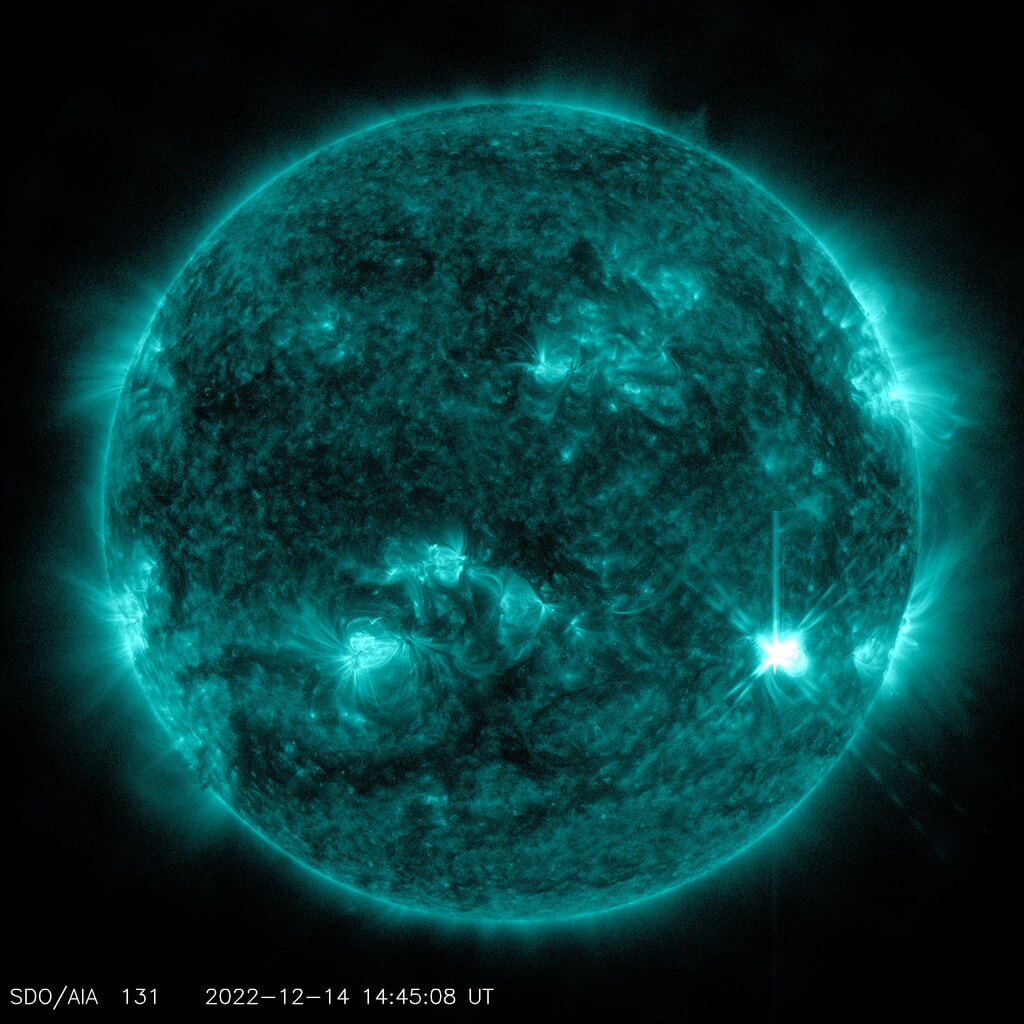 NASA’s Solar Dynamics Observatory captured this image of a solar flare – as seen in the bright flash in the lower right portion of the image– at approximately 9:45 am EDT on Dec. 14, 2022. The image shows 131 angstrom extreme ultraviolet light that highlights the extremely hot material in flares.Credit: NASA/SDO