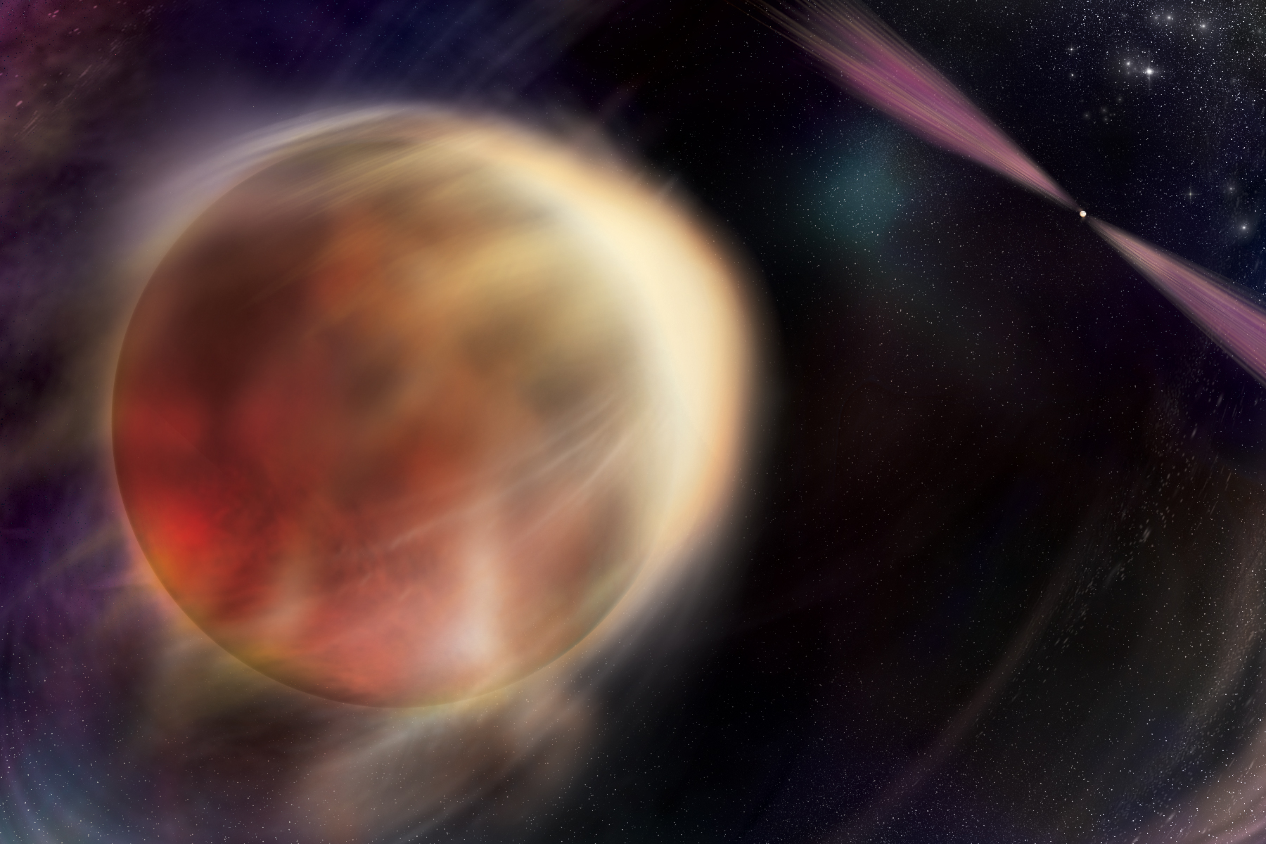 An orbiting star begins to eclipse its partner, a rapidly rotating, superdense stellar remnant called a pulsar, in this illustration. The pulsar emits multiwavelength beams of light that rotate in and out of view and produces outflows that heat the star’s facing side, blowing away material and eroding its partner.Credit: NASA/Sonoma State University, Aurore Simonnet