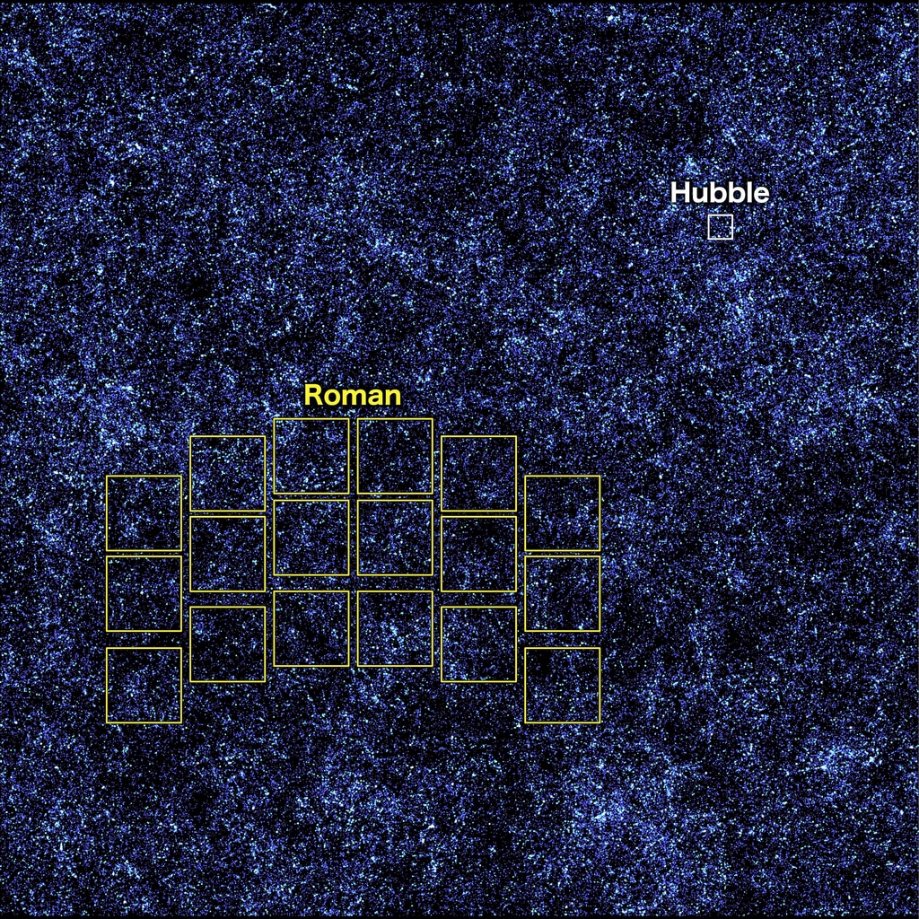 This image, containing millions of simulated galaxies strewn across space and time, shows the areas Hubble (white) and Roman (yellow) can capture in a single snapshot. It would take Hubble about 85 years to map the entire region shown in the image, but Roman could do it in just 63 days. Roman’s larger view and fast survey speeds will unveil the evolving universe in ways that have never been possible before.Credits: NASA's Goddard Space Flight Center/A. Yung