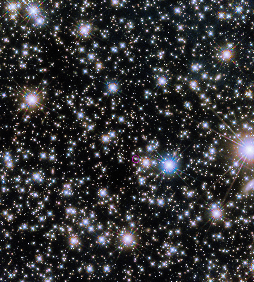 La Cámara de Campo Amplio 3 del Telescopio Espacial Hubble reveló el resplandor infrarrojo (en círculo) del BOAT GRB y su galaxia anfitriona, visto casi de canto como una astilla de luz que se extiende hacia la parte superior derecha de la explosión. Crédito: NASA, ESA, CSA, STScI, A. Levan (Universidad de Radboud); Procesamiento de imágenes: Gladys Kober