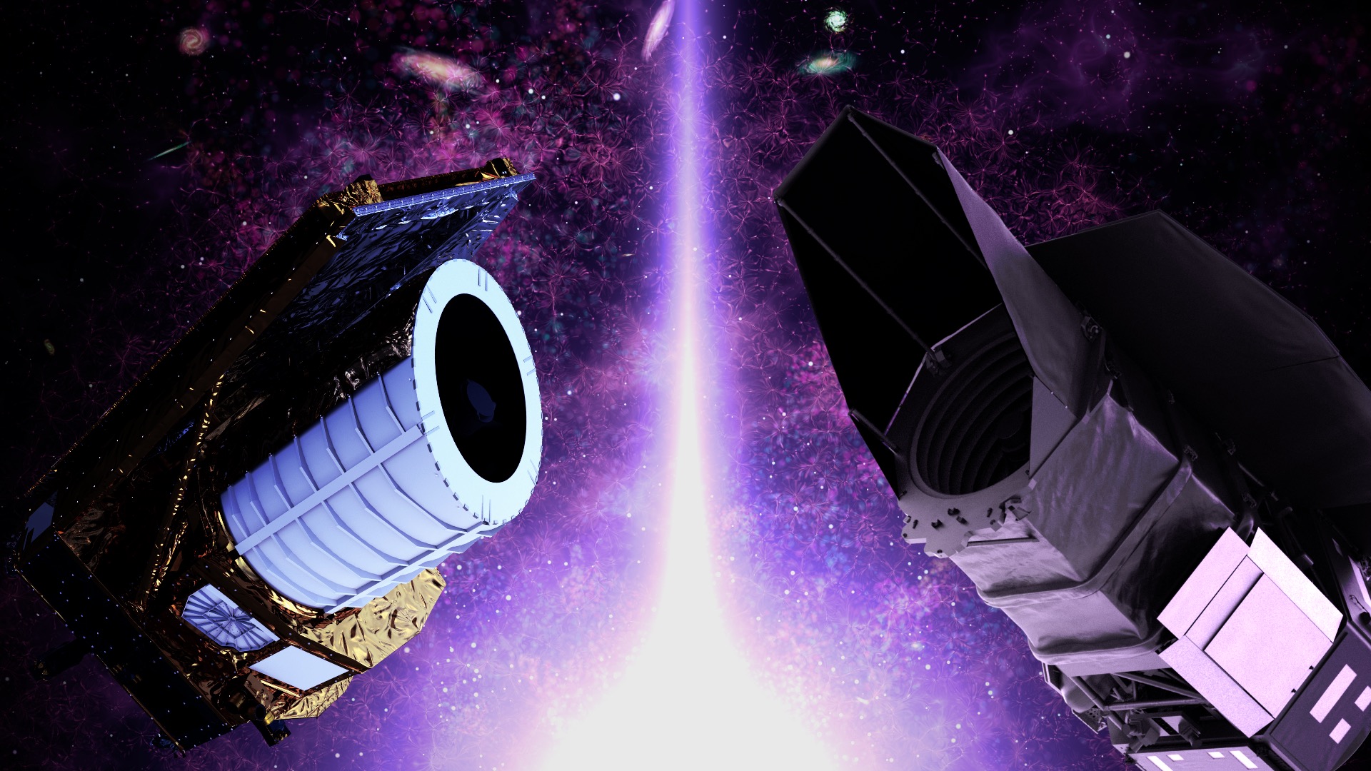 Euclid (left) is a medium-class ESA mission.  The Nancy Grace Roman Space Telescope (right) is an upcoming NASA flagship mission.  Both will study the history of the universe and bring new insight to the mystery of dark energy.Credit: NASA's Goddard Space Flight Center; ESA/ATG medialab