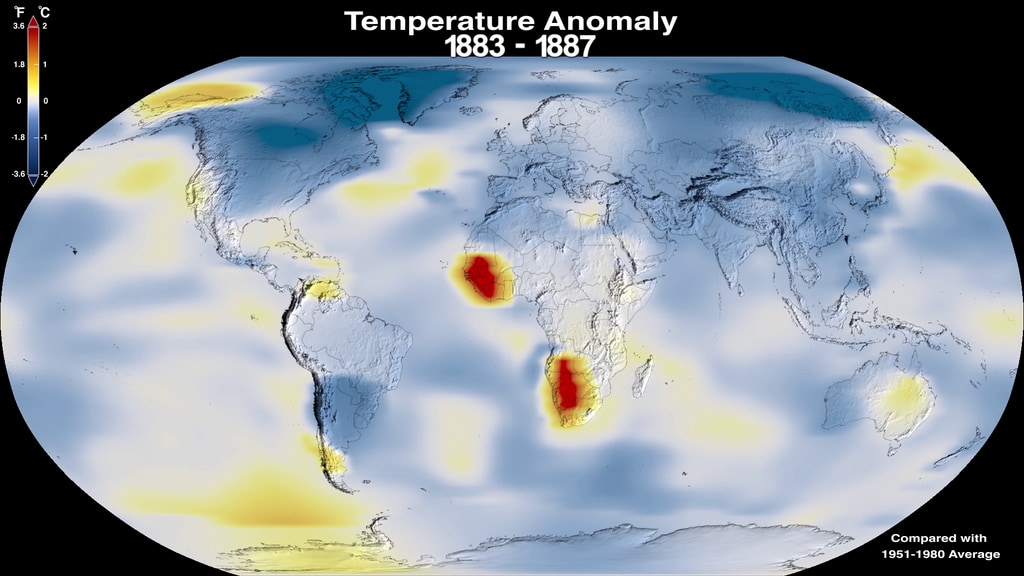 A reel of NASA data visualizations on temperature data, including:  Climate Spiral showing monthly temperature anomalies, bar graph showing global July temperature anomalies, July 2023 temperature anomaly global map, Global Temperature Anomalies 1880 to 2022, 20 Years of AIRS CO2 data, Zonal Climate Anomalies, and  The Oceanic Niño Index