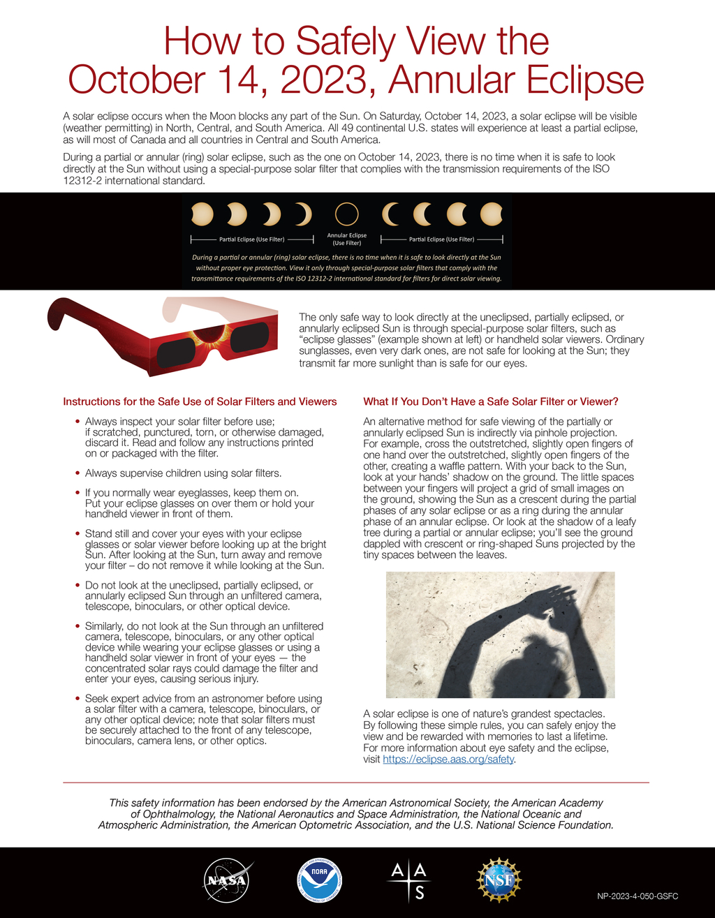 This educational flyer, created by NASA in collaboration with the American Astronomical Society (AAS), provides important information about the upcoming annular solar eclipse on October 14, 2023. It aims to educate and guide individuals on how to safely observe this celestial event.To download this flyer as a PDF, visit: solarsystem.nasa.gov.