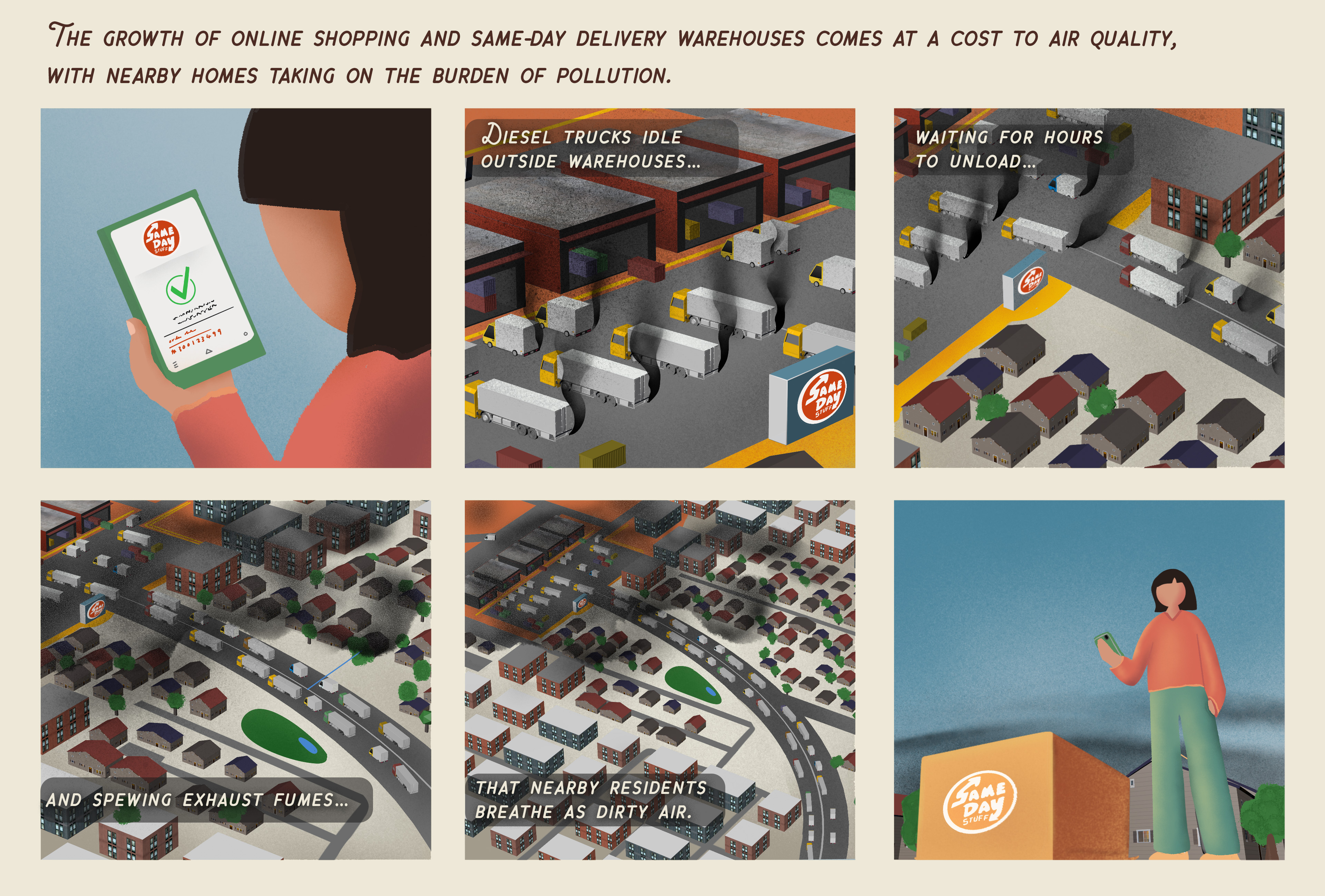 Still image depicting the impacts of idling trucks in nearby neighborhoods.