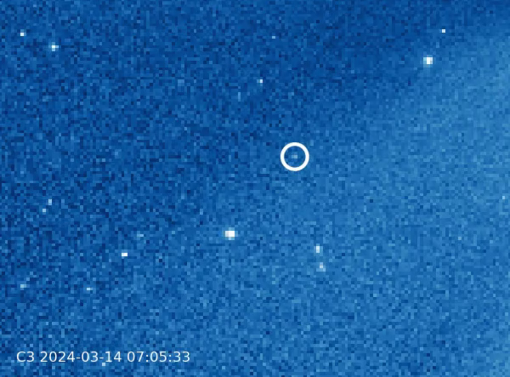 This annotated movie from the European Space Agency & NASA’s SOHO observatory shows the 4,995th comet discovered by the spacecraft as it speeds toward the Sun on March 14, 2024.Credit: ESA/NASA/SOHO/Karl Battams